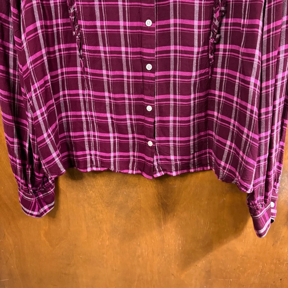 J. Crew Red Burgundy Plaid Ruffle Button Down Blouse Top 2X Office Preppy Boho